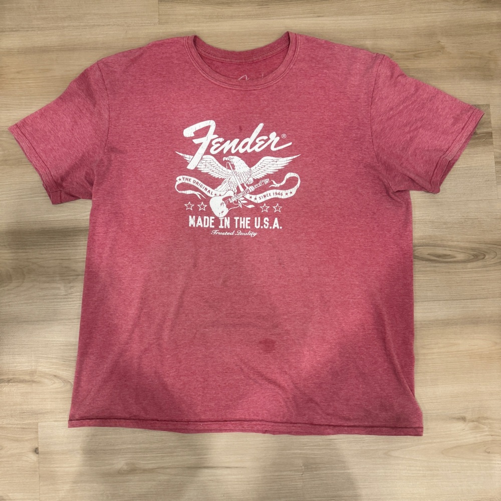 Men’s XL Red Tshirt with Fender print. Preworn with a few grease spots